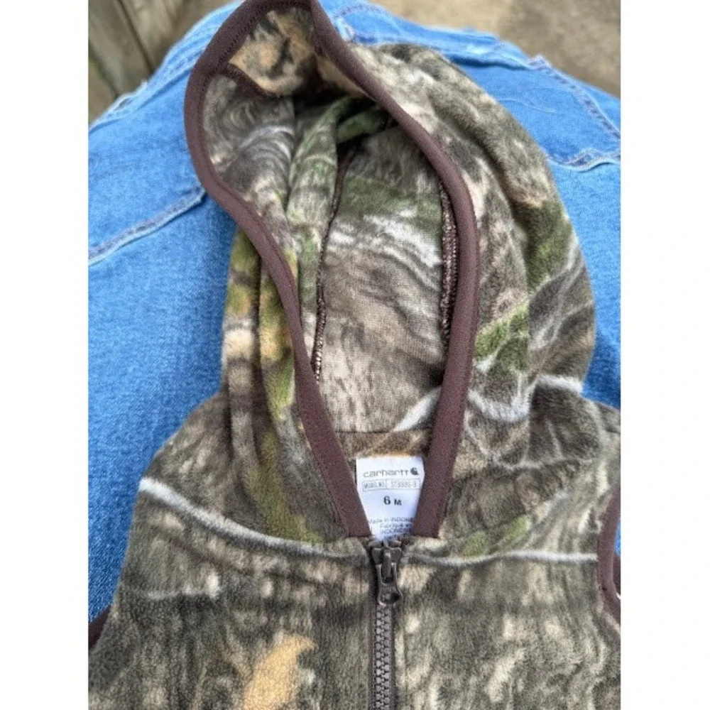 Camo Carhartt Fleece Vest Kids 6M Brown Real Tree Hooded Zip Up ST8886-B Rugged